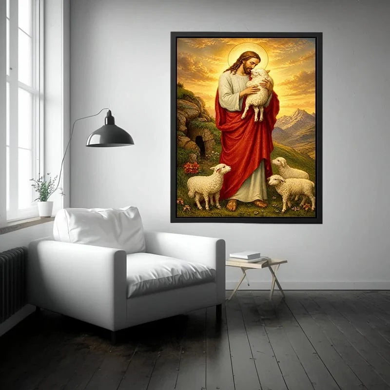 The Gentle Shepherd Jesus holding lamb surrounded by sheep in golden mountain landscape Christian wall art canvas premium can