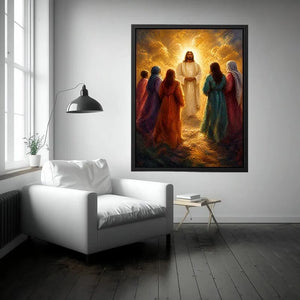 Light Among Believers Jesus surrounded by followers in radiant golden light Christian spiritual wall art canvas premium canva