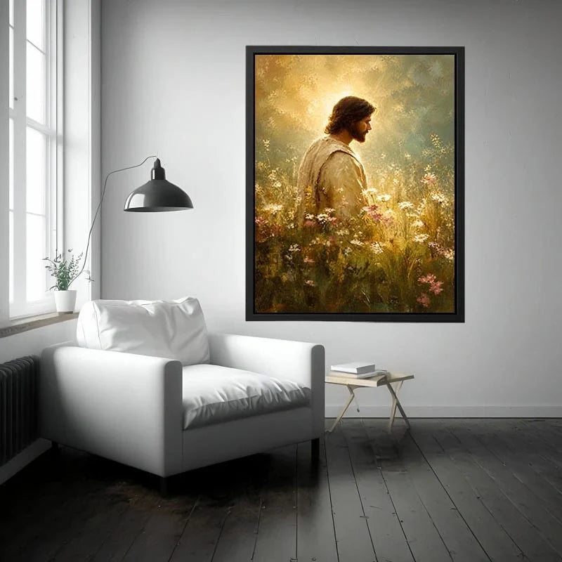 Whispers of Grace Jesus standing in glowing wildflower meadow with heavenly light Christian wall art canvas premium canvas wa