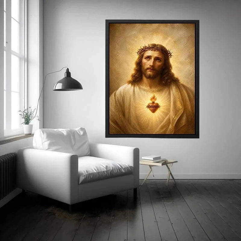 Divine Heart of Grace Jesus Sacred Heart portrait canvas wall art with glowing halo and golden renaissance style painting pre