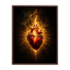 Burning sacred heart wall art with crown of thorns and glowing golden flames on dark background