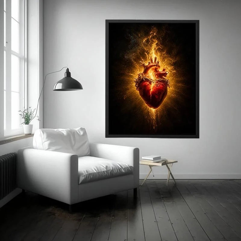 Inferno Sacred Heart Burning sacred heart wall art with crown of thorns and glowing golden flames on dark background premium