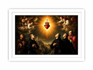 Radiant Sacred Heart surrounded by angels and saints in heavenly golden light baroque renaissance religious wall art canvas print