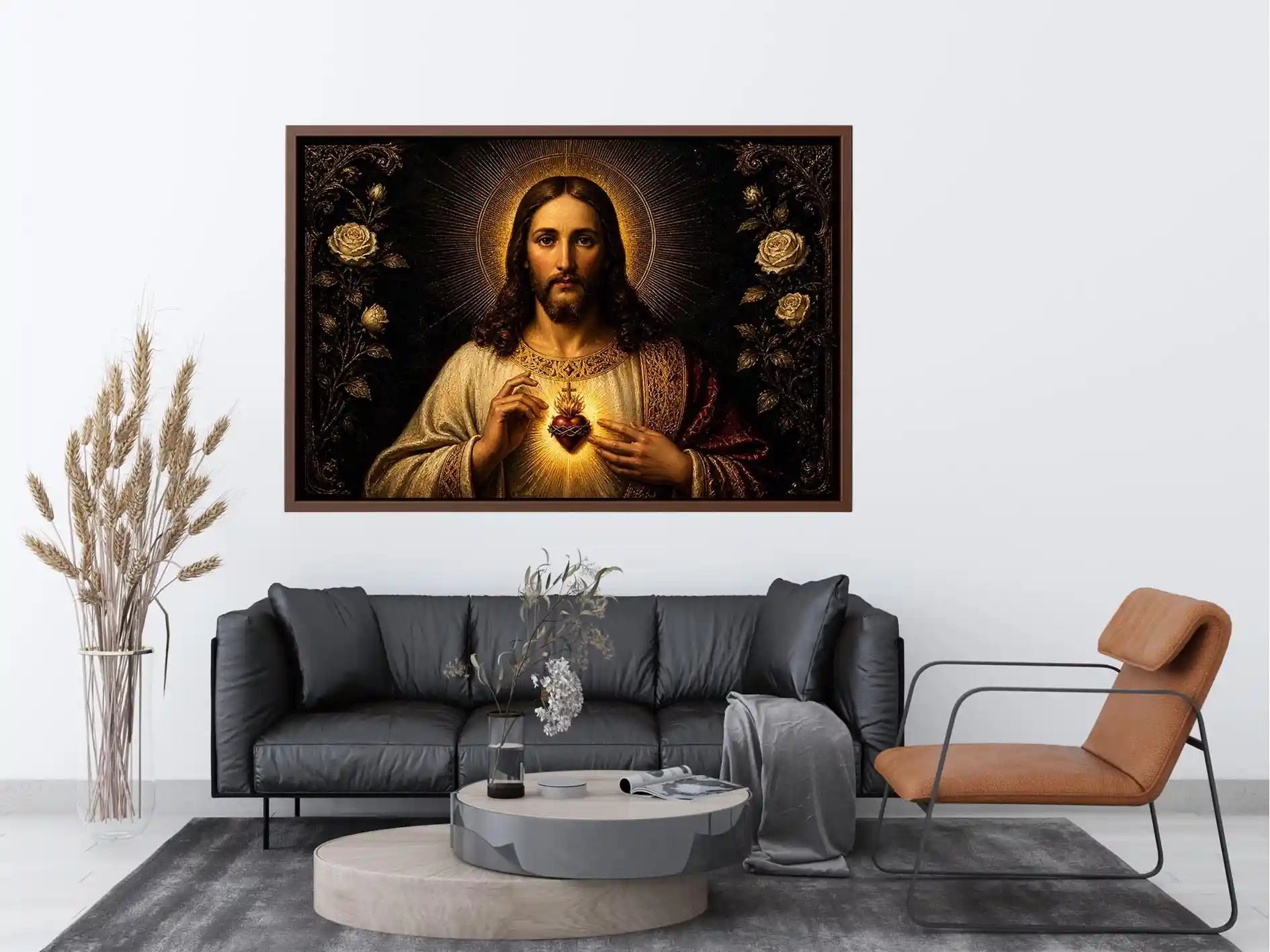 Eternal Sacred Heart Majesty Sacred Heart of Jesus wall art with glowing divine heart and ornate black gold renaissance relig
