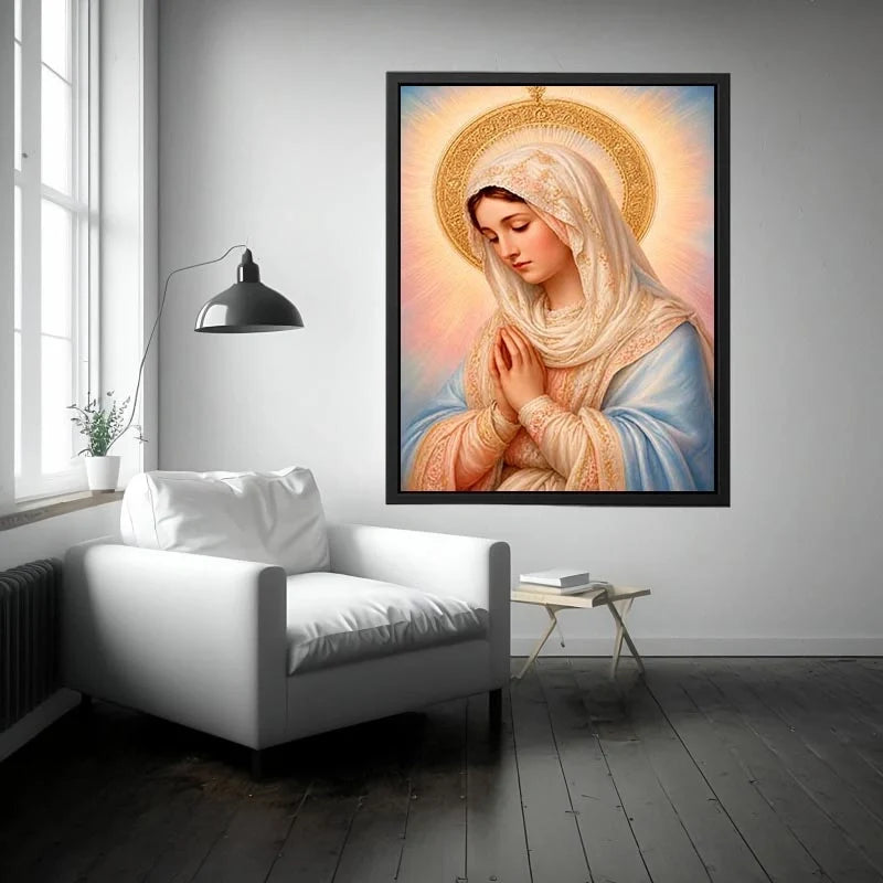 Heavenly Grace Madonna Virgin Mary prayer wall art with golden halo pastel renaissance religious canvas painting for elegant