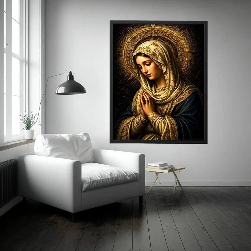 Virgin Mary prayer wall art with glowing gold halo dark renaissance Christian canvas painting for luxury spiritual decor