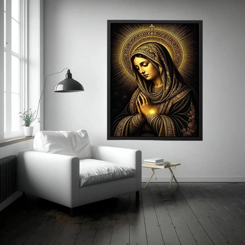 Sacred Midnight Madonna Wall Art Sacred Midnight Madonna wall art featuring Virgin Mary praying with radiant golden halo in b