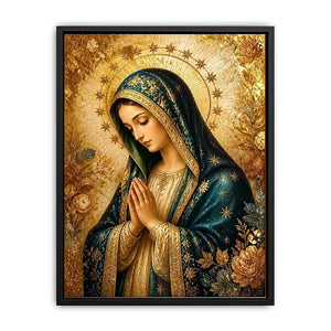 Celestial Madonna Gold Luxury Virgin Mary wall art with gold halo blue robe and celestial floral religious canvas painting pr