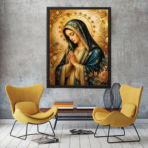 Celestial Madonna Gold Luxury Virgin Mary wall art with gold halo blue robe and celestial floral religious canvas painting pr