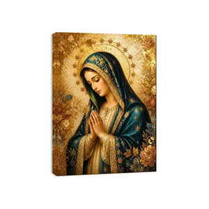 Celestial Madonna Gold Luxury Virgin Mary wall art with gold halo blue robe and celestial floral religious canvas painting pr