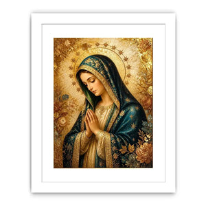 Celestial Madonna Gold Luxury Virgin Mary wall art with gold halo blue robe and celestial floral religious canvas painting pr