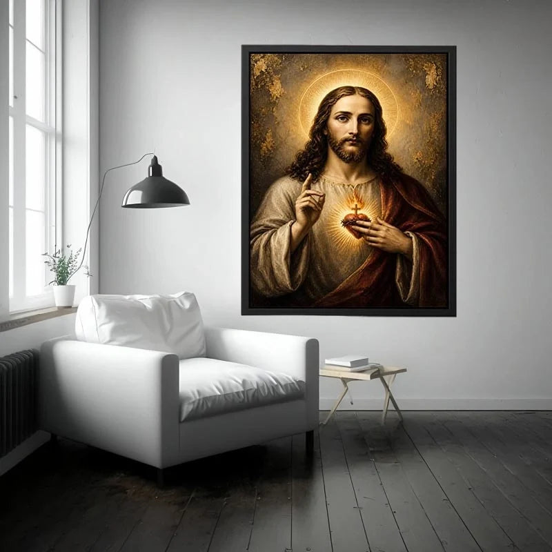 Sacred Heart Eternal Grace Sacred Heart of Jesus luxury Christian canvas wall art with glowing halo, golden divine light, and
