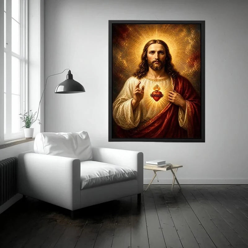 Sacred Heart Divine Light Sacred Heart of Jesus wall art with glowing halo and golden spiritual renaissance painting canvas p