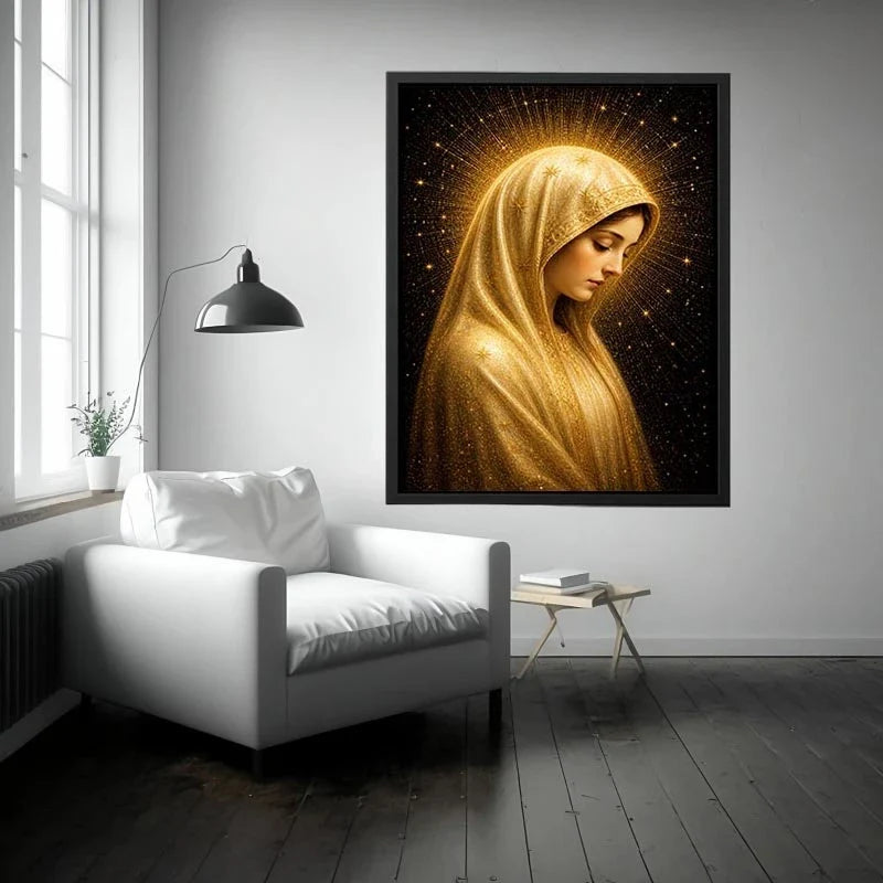 Celestial Madonna Glow Virgin Mary celestial wall art with glowing golden halo luxury religious canvas print premium canvas w