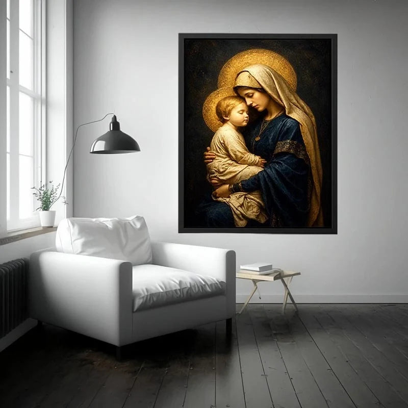 Madonna of Eternal Peace Virgin Mary and Child wall art with golden halo luxury renaissance religious canvas print premium ca