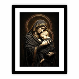 Black and gold Madonna and Child wall art with celestial halo luxury religious canvas print
