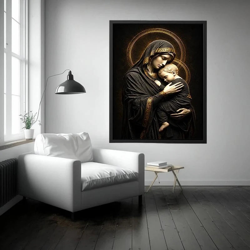 Sacred Embrace of Grace Black and gold Madonna and Child wall art with celestial halo luxury religious canvas print premium c