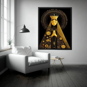 Black and gold Madonna wall art with celestial halo and crown minimalist religious canvas print