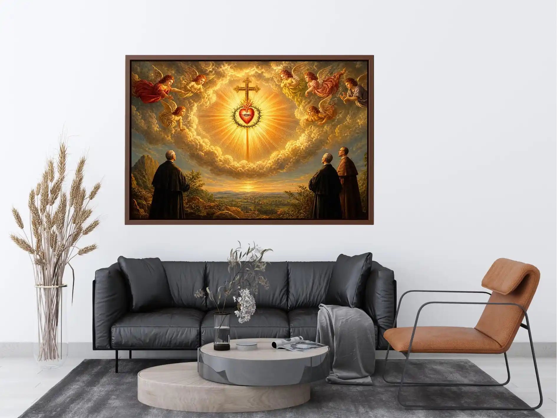 Sacred Heart Divine Glory Canvas Sacred Heart of Jesus wall art with angels, radiant golden cross, and heavenly clouds in ren