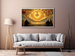 Sacred Heart of Jesus wall art with angels, radiant golden cross, and heavenly clouds in renaissance style canvas print