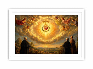 Sacred Heart of Jesus wall art with angels, radiant golden cross, and heavenly clouds in renaissance style canvas print