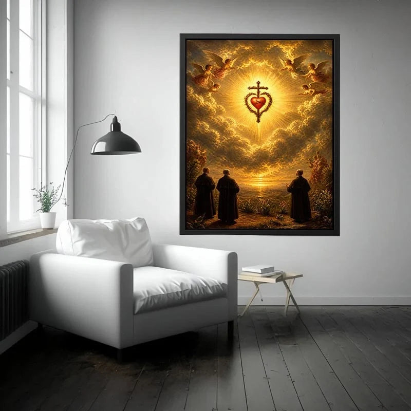Heavenly Sacred Heart Ascension Sacred Heart of Jesus wall art with angels, glowing golden clouds, radiant cross, and heavenl