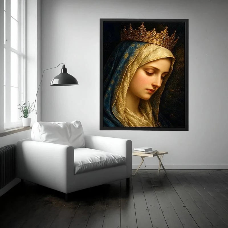 Queen of Heaven Grace Portrait Virgin Mary portrait wall art with golden crown and blue veil in renaissance religious canvas