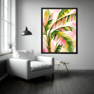 Tropical banana leaf watercolor wall art in blush pink and green botanical canvas print