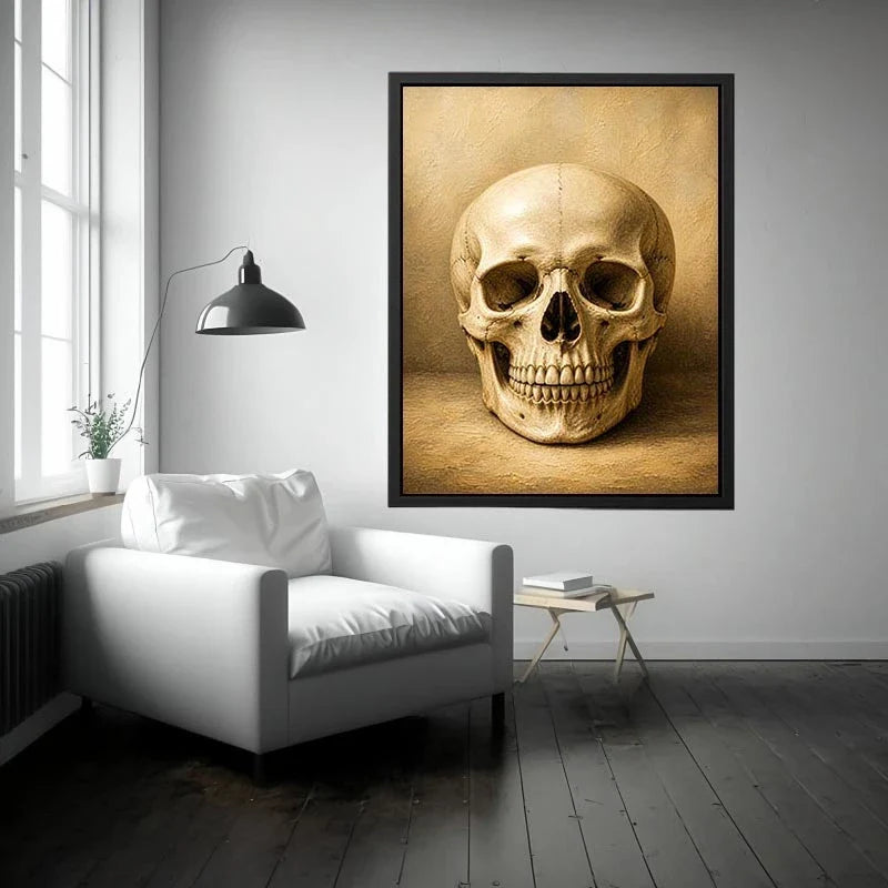 Eternal Skull Reverie Vintage skull wall art canvas print with neutral gothic anatomy illustration for dark academia and mode