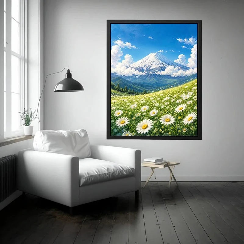 Eternal Bloom Fuji Mount Fuji landscape wall art with blooming daisy meadow blue sky and snow mountain in serene Japandi pain