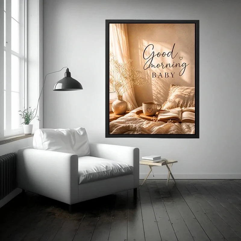 Good Morning Baby Bliss Good Morning Baby typography wall art with cozy bedroom aesthetic, warm sunlight, coffee mug and neut