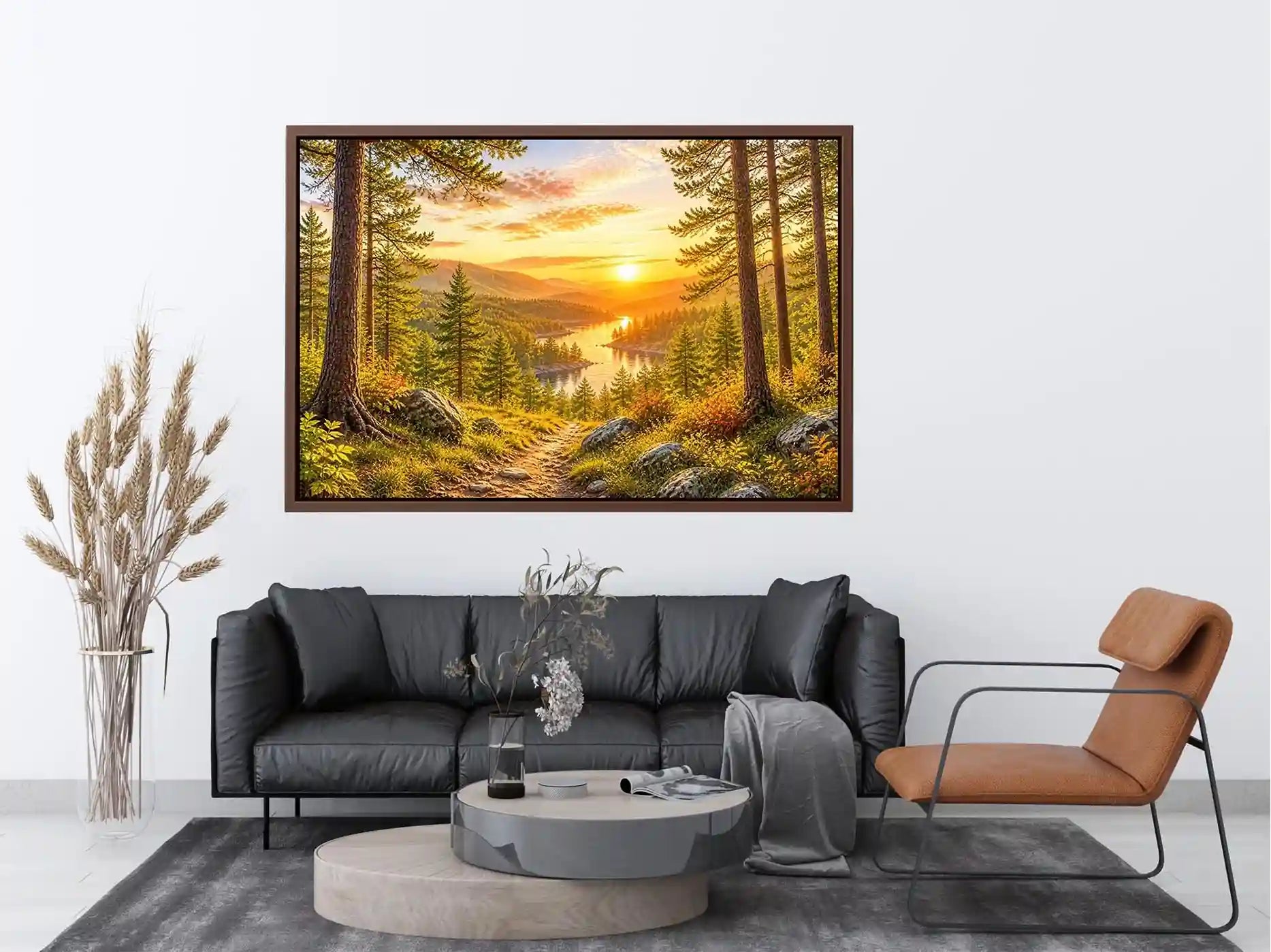 Golden Forest Serenity Golden forest landscape wall art with pine trees, river valley, mountain sunset and scenic nature canv