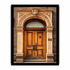 Vintage architectural doorway wall art with ornate carved arch, wooden doors and classic European building entrance canvas print