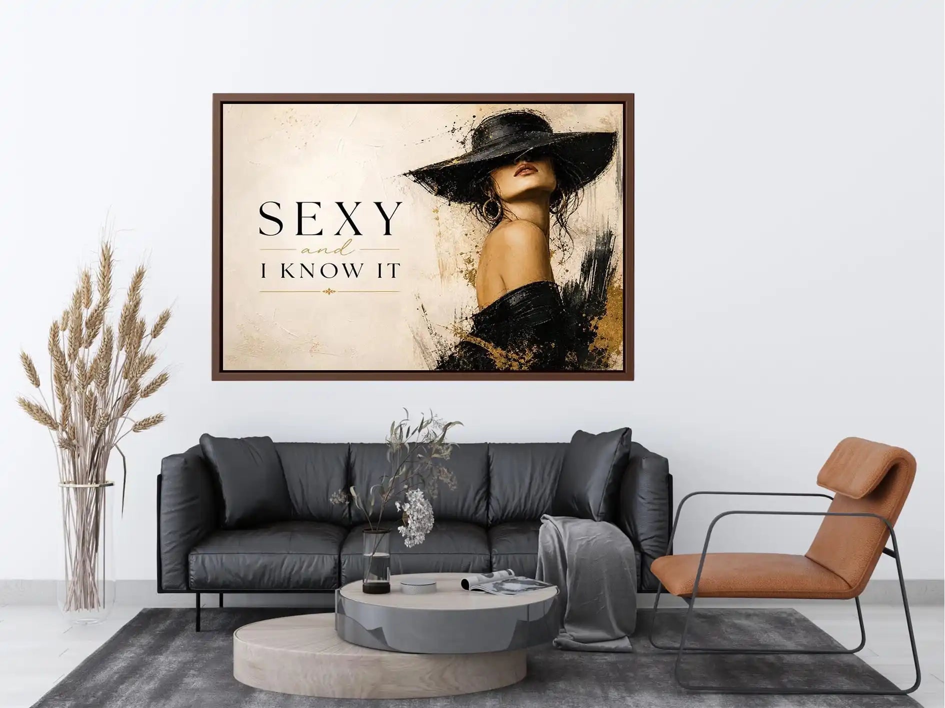 Midnight Muse Confidence Sexy and I Know It fashion wall art with glamorous woman in black hat and luxury gold accents modern