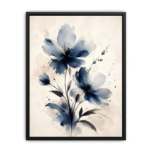 Moonlit Indigo Bloom Indigo blue watercolor floral wall art with abstract botanical flowers on neutral background canvas prin
