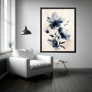 Moonlit Indigo Bloom Indigo blue watercolor floral wall art with abstract botanical flowers on neutral background canvas prin