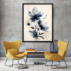 Moonlit Indigo Bloom Indigo blue watercolor floral wall art with abstract botanical flowers on neutral background canvas prin