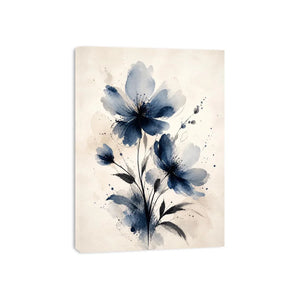 Moonlit Indigo Bloom Indigo blue watercolor floral wall art with abstract botanical flowers on neutral background canvas prin