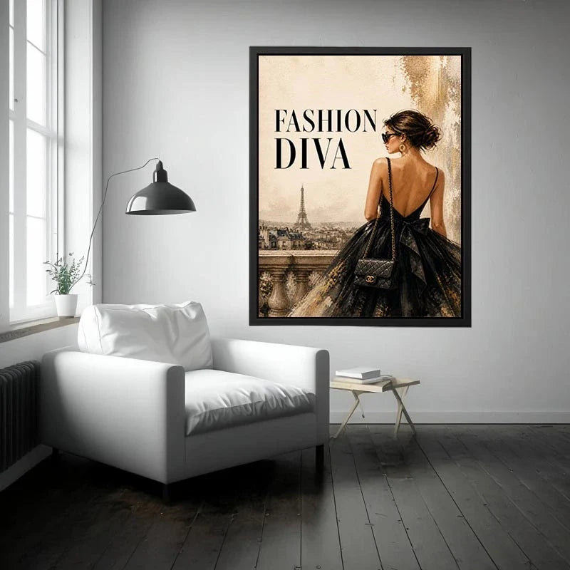 Parisian Fashion Diva Paris fashion diva wall art featuring elegant woman in black dress with Eiffel Tower luxury canvas prin