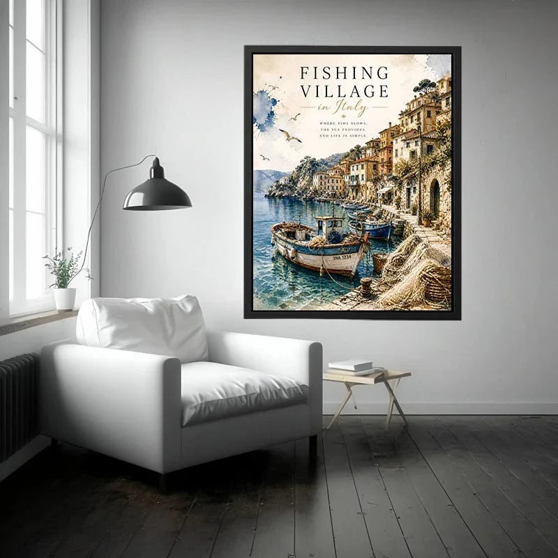 Italian fishing village wall art with coastal boats and Mediterranean seaside watercolor canvas print