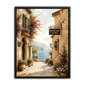 Mediterranean Dancing Lane Mediterranean coastal village wall art with floral stone alley and ocean view canvas print premium