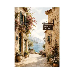 Mediterranean Dancing Lane Mediterranean coastal village wall art with floral stone alley and ocean view canvas print premium