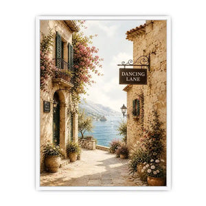 Mediterranean Dancing Lane Mediterranean coastal village wall art with floral stone alley and ocean view canvas print premium