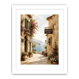 Mediterranean Dancing Lane Mediterranean coastal village wall art with floral stone alley and ocean view canvas print premium