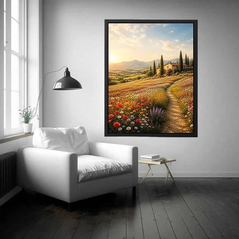 Tuscan Wildflower Sunrise Tuscan wildflower meadow wall art with rustic farmhouse, colorful flowers, mountain landscape, and