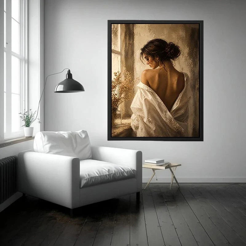 Golden Silence Muse Elegant woman portrait wall art with golden light, feminine luxury canvas print, neutral impressionist pa