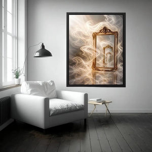 Infinite Reflection Portal Surreal golden mirror wall art with endless reflections, flowing white smoke, and ornate vintage f