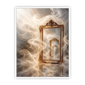 Infinite Reflection Portal Surreal golden mirror wall art with endless reflections, flowing white smoke, and ornate vintage f