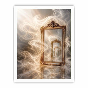 Infinite Reflection Portal Surreal golden mirror wall art with endless reflections, flowing white smoke, and ornate vintage f