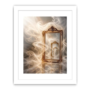 Infinite Reflection Portal Surreal golden mirror wall art with endless reflections, flowing white smoke, and ornate vintage f
